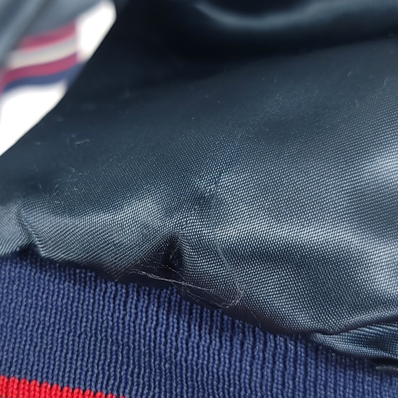 Vtg Bud Light Snap Front Satin Jacket Men's Large Navy Blue Nylon Distressed - Picture 8 of 14